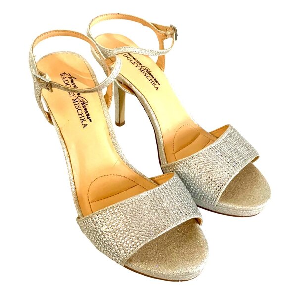 Badgley Mischka Silver Glitter Stiletto High Heel Open Toe Shoes 7W Black Tie - Picture 1 of 9